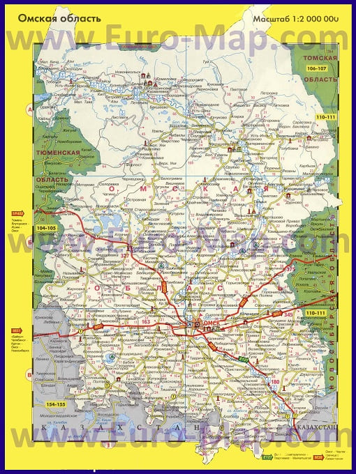 Карта автодорог Омской области. Автовокзалы. Справочные телефоны
